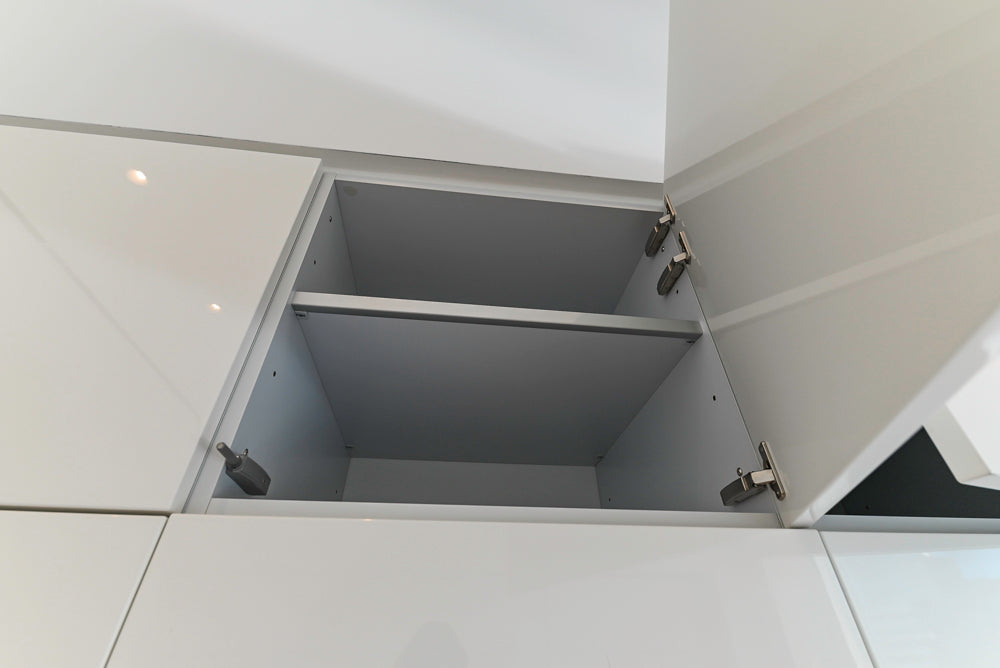 Aran Cucine Modern Glossy White Kitchen with Island, Marble Countertops & Miele Appliances