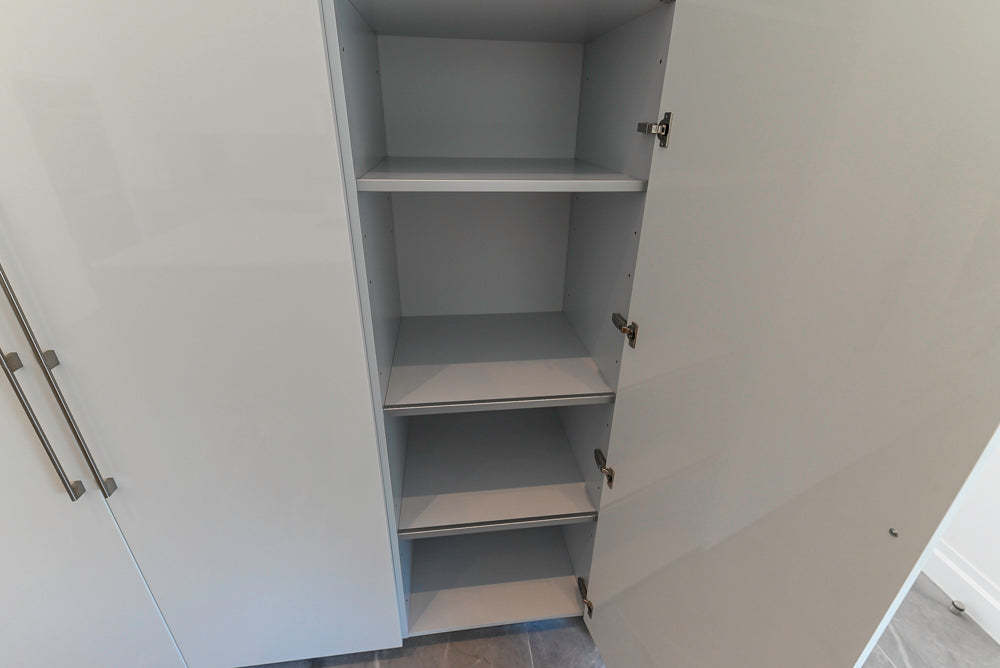 Aran Cucine Modern Glossy White Kitchen with Island, Marble Countertops & Miele Appliances