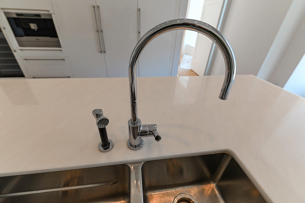 Aran Cucine Modern Glossy White Kitchen with Island, Marble Countertops & Miele Appliances