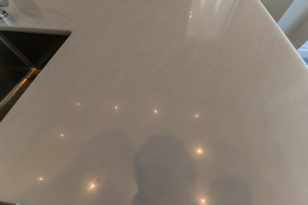 Aran Cucine Modern Glossy White Kitchen with Island, Marble Countertops & Miele Appliances