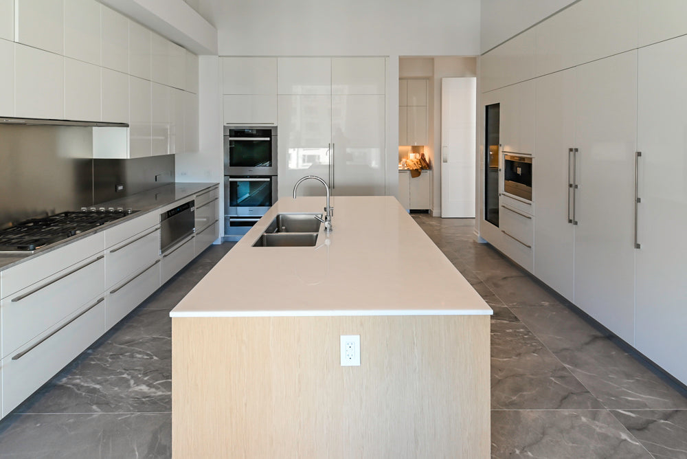 Modern Glossy White Kitchen with Island, Marble Countertops & Miele Appliances