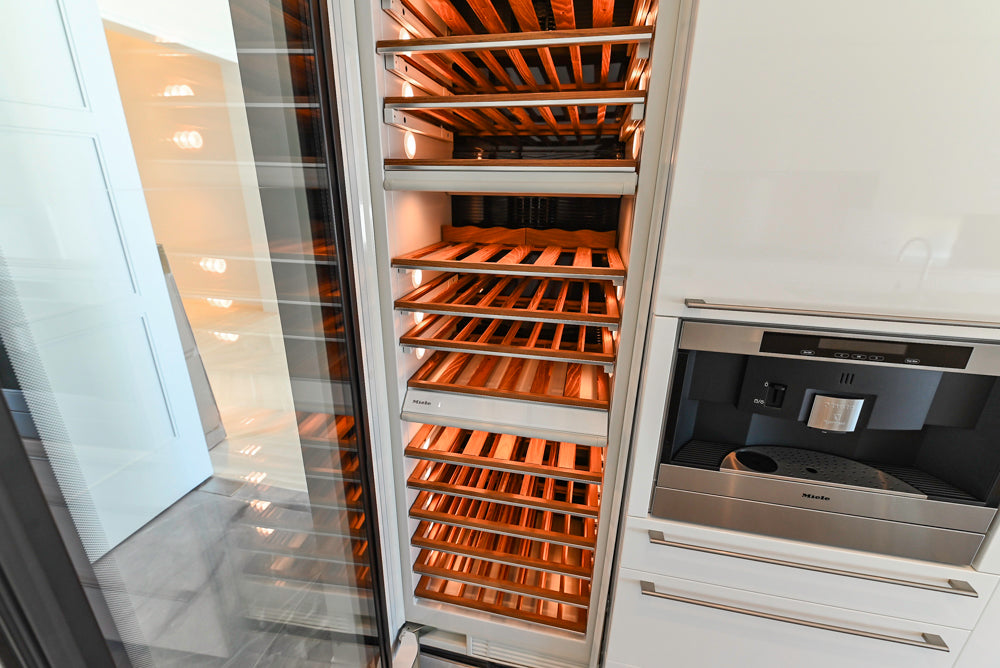 Aran Cucine Modern Glossy White Kitchen with Island, Marble Countertops & Miele Appliances