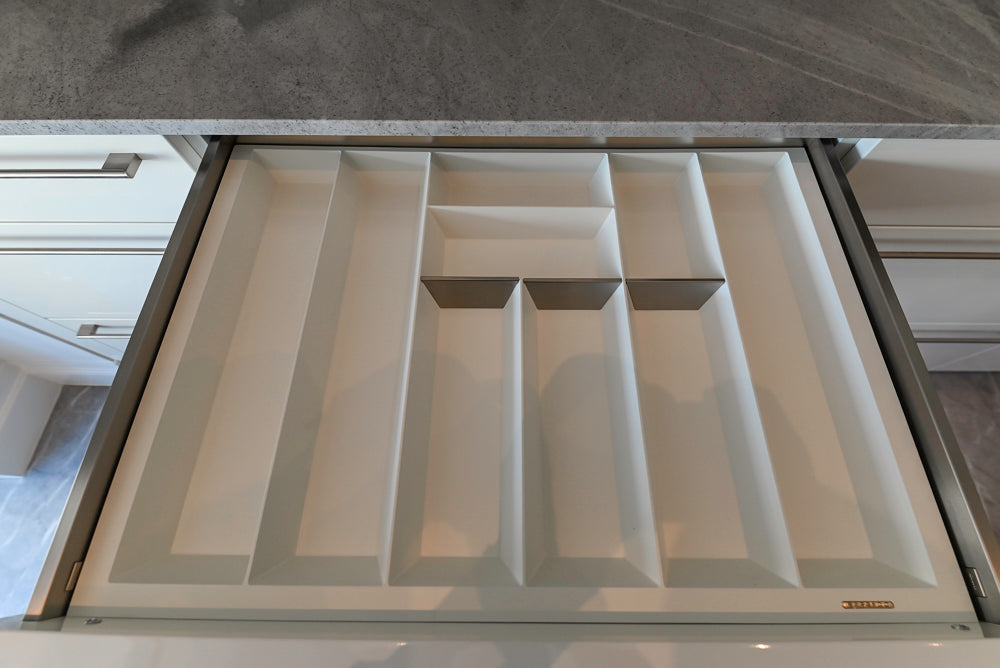 Aran Cucine Modern Glossy White Kitchen with Island, Marble Countertops & Miele Appliances