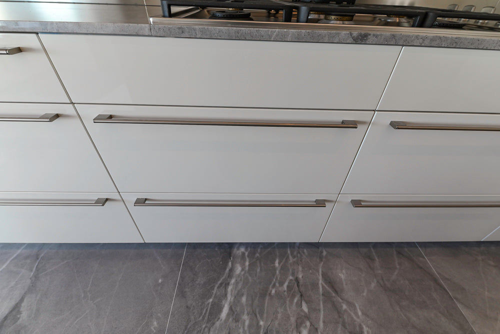 Aran Cucine Modern Glossy White Kitchen with Island, Marble Countertops & Miele Appliances