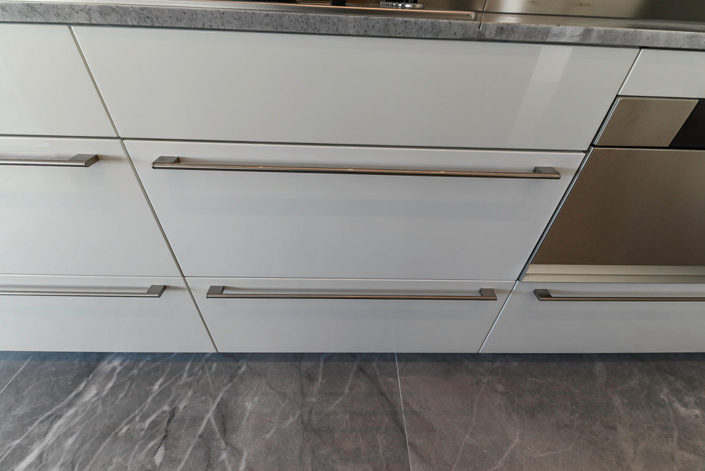 Aran Cucine Modern Glossy White Kitchen with Island, Marble Countertops & Miele Appliances