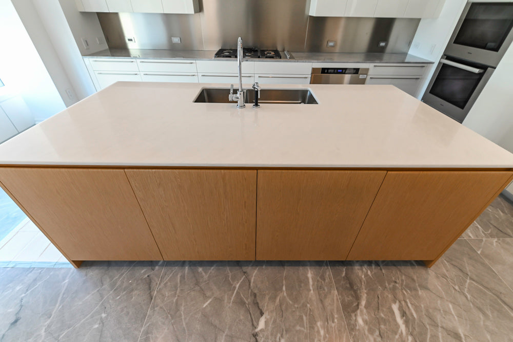 Modern Glossy White Kitchen with Island, Marble Countertops & Miele Appliances