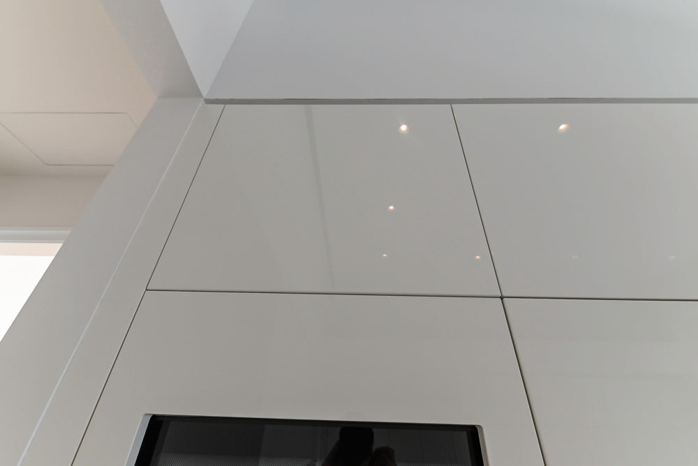 Aran Cucine Modern Glossy White Kitchen with Island, Marble Countertops & Miele Appliances