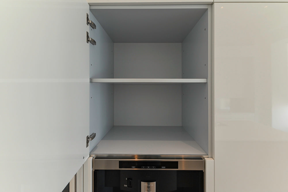 Aran Cucine Modern Glossy White Kitchen with Island, Marble Countertops & Miele Appliances