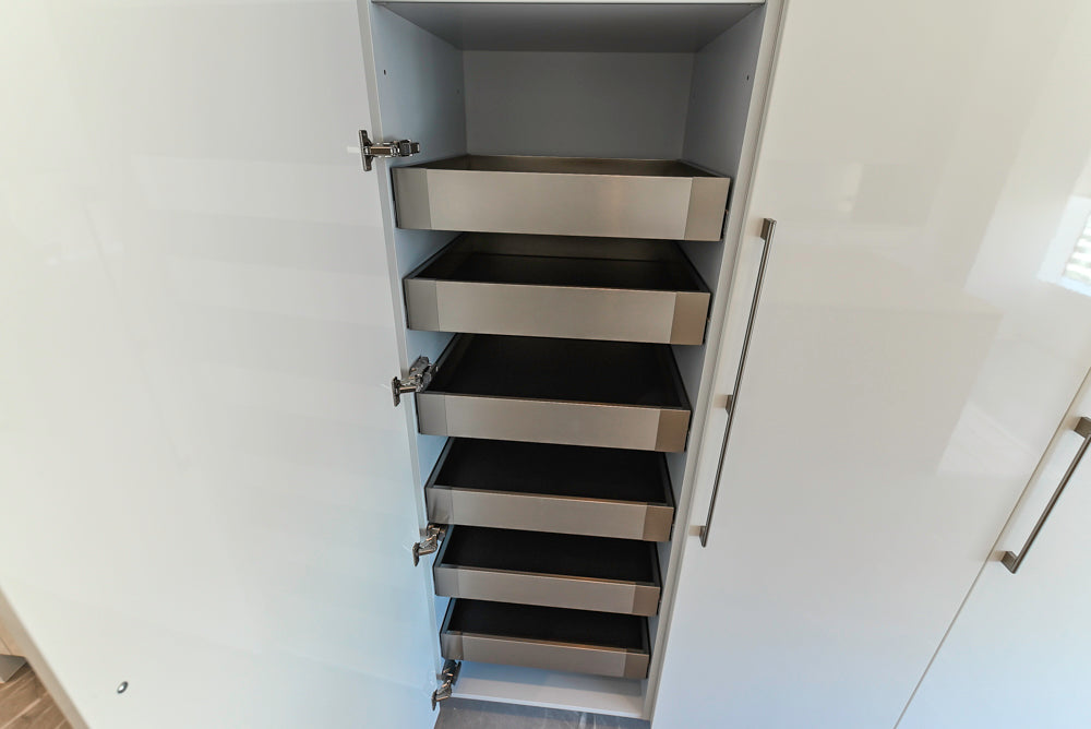 Aran Cucine Modern Glossy White Kitchen with Island, Marble Countertops & Miele Appliances