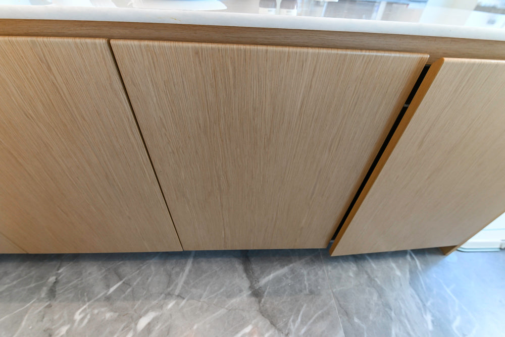 Aran Cucine Modern Glossy White Kitchen with Island, Marble Countertops & Miele Appliances