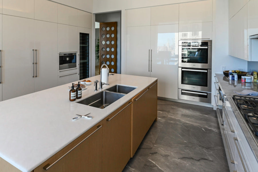 Modern Glossy White Kitchen with Island, Marble Countertops & Miele Appliances