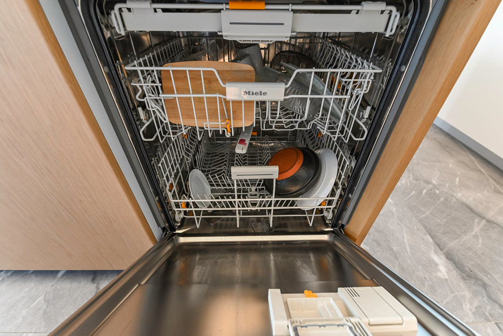 Aran Cucine Modern Glossy White Kitchen with Island, Marble Countertops & Miele Appliances