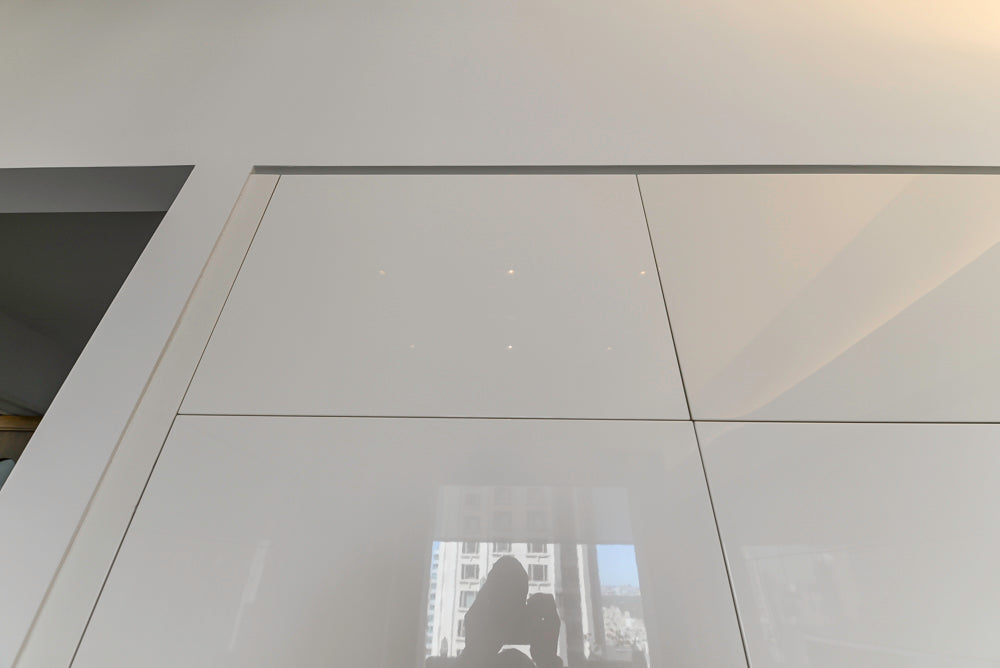 Aran Cucine Modern Glossy White Kitchen with Island, Marble Countertops & Miele Appliances