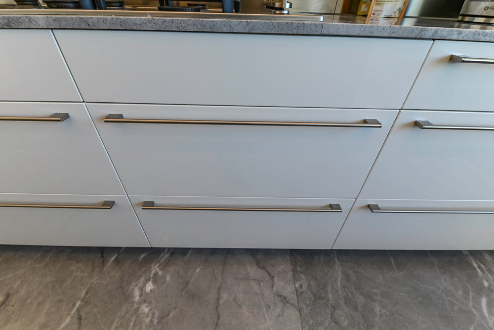 Aran Cucine Modern Glossy White Kitchen with Island, Marble Countertops & Miele Appliances