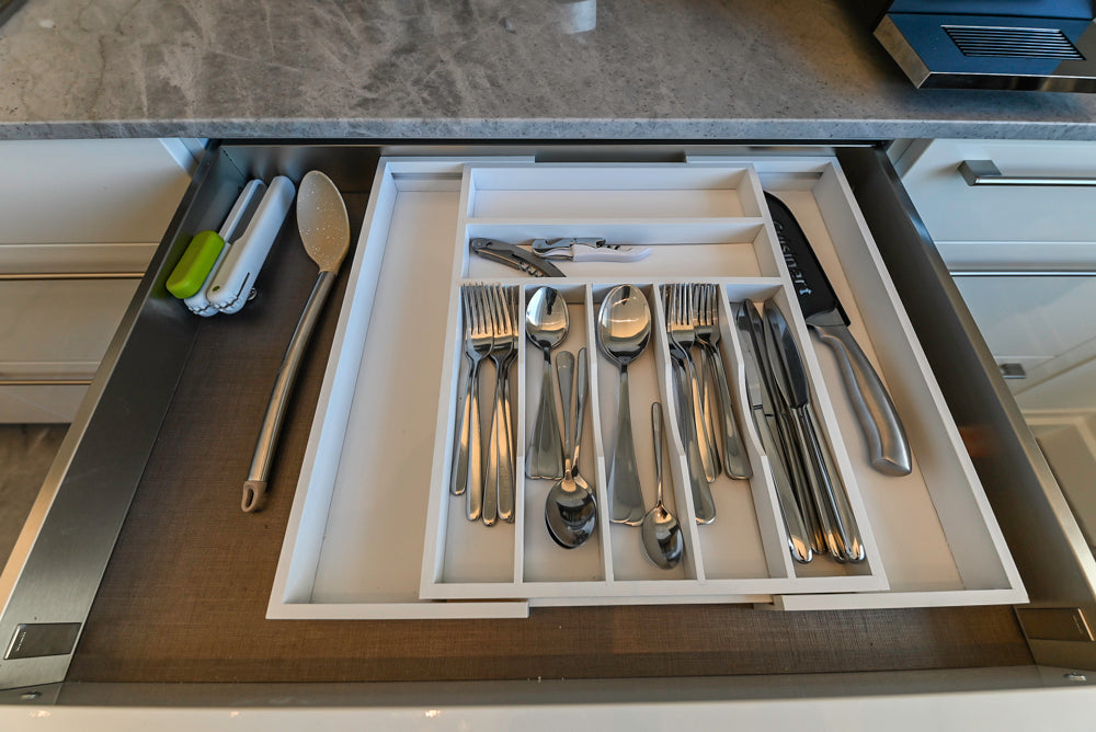 Aran Cucine Modern Glossy White Kitchen with Island, Marble Countertops & Miele Appliances