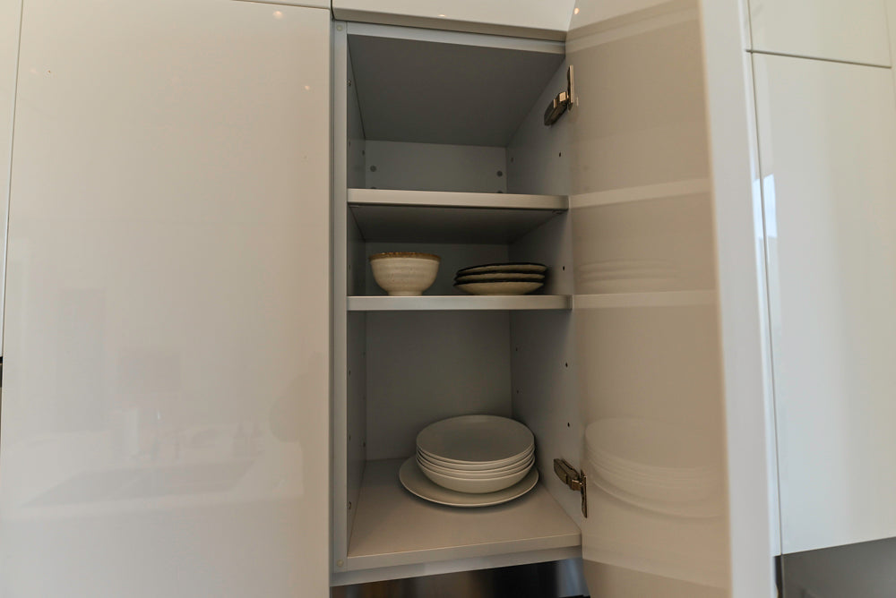 Aran Cucine Modern Glossy White Kitchen with Island, Marble Countertops & Miele Appliances