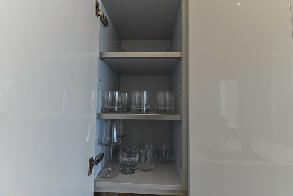 Aran Cucine Modern Glossy White Kitchen with Island, Marble Countertops & Miele Appliances