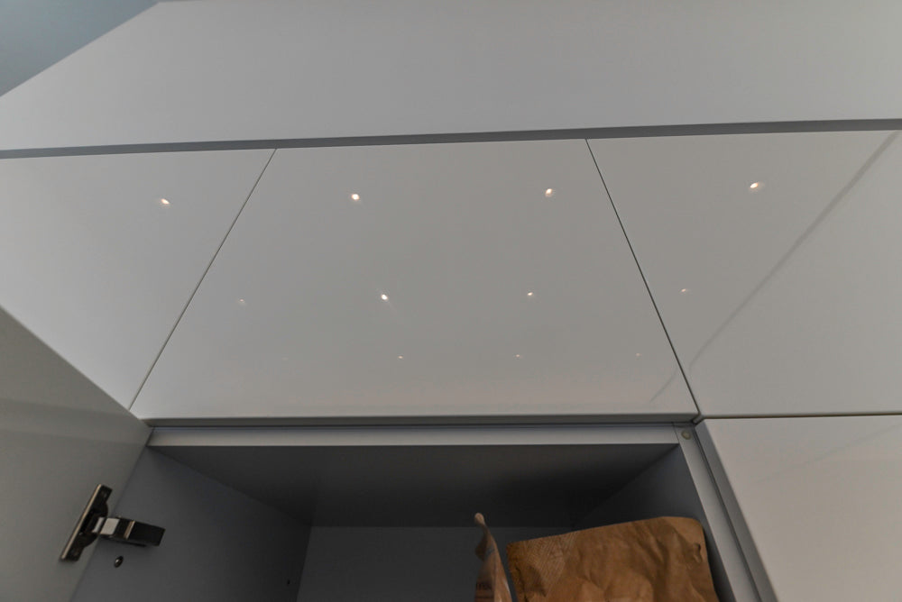 Aran Cucine Modern Glossy White Kitchen with Island, Marble Countertops & Miele Appliances