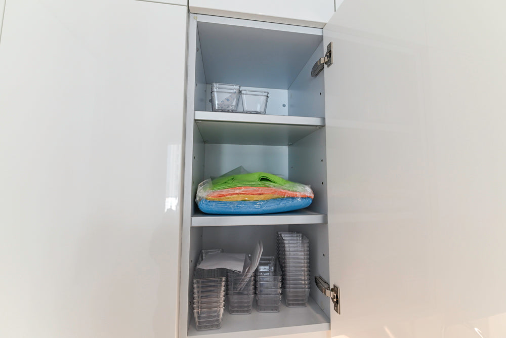 Modern Glossy White Wet Bar with Marble Countertops