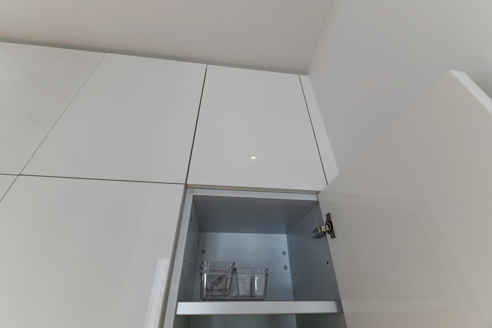 Modern Glossy White Wet Bar with Marble Countertops