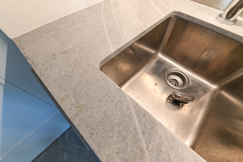 Modern Glossy White Wet Bar with Marble Countertops