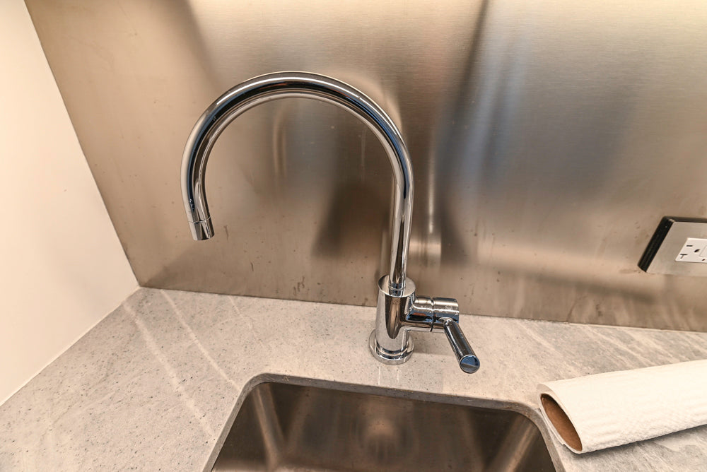 Modern Glossy White Wet Bar with Marble Countertops