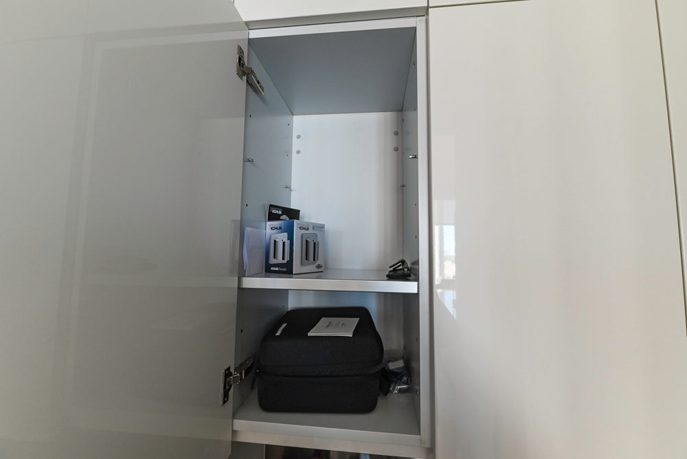 Modern Glossy White Wet Bar with Marble Countertops