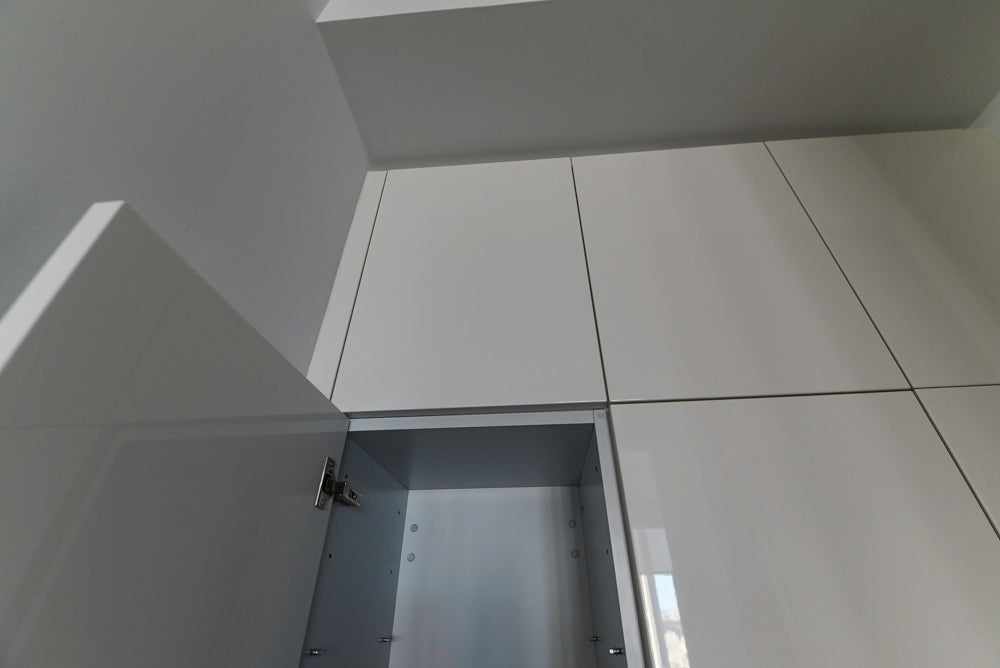 Modern Glossy White Wet Bar with Marble Countertops