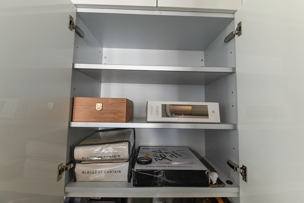 Modern Glossy White Wet Bar with Marble Countertops