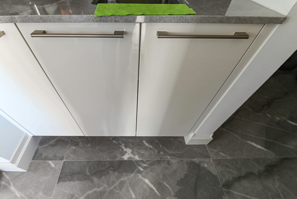 Modern Glossy White Wet Bar with Marble Countertops