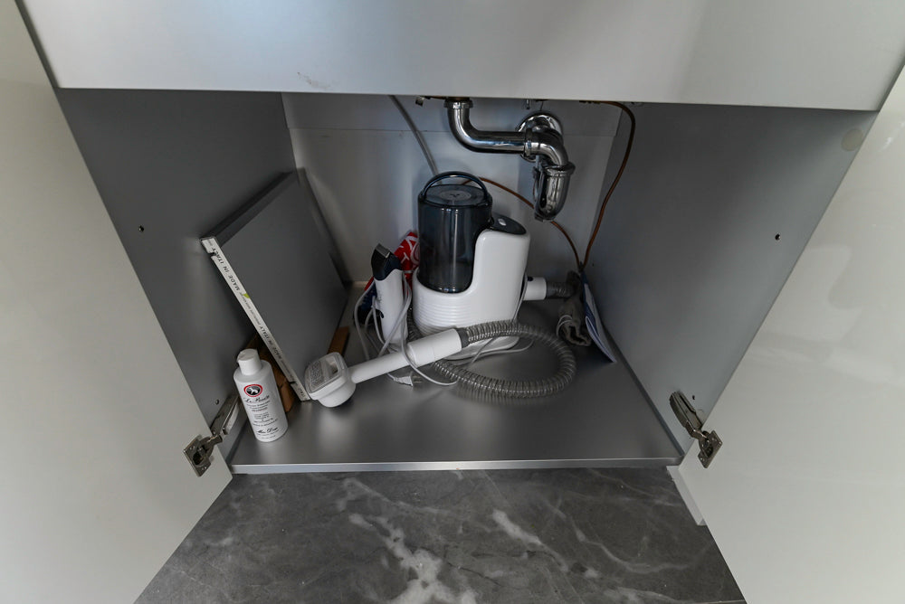 Modern Glossy White Wet Bar with Marble Countertops