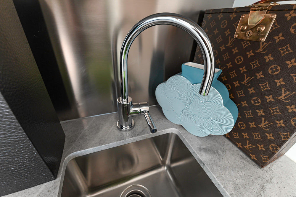 Modern Glossy White Wet Bar with Marble Countertops