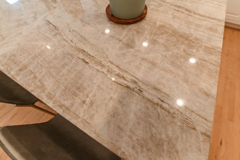 Traditional White Kitchen with Island, Appliances and Marble Countertops