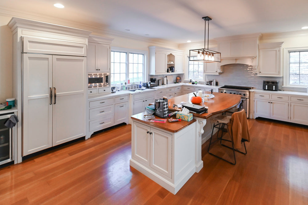 Traditional Large White Kitchen with Island, Desk Area & Appliances