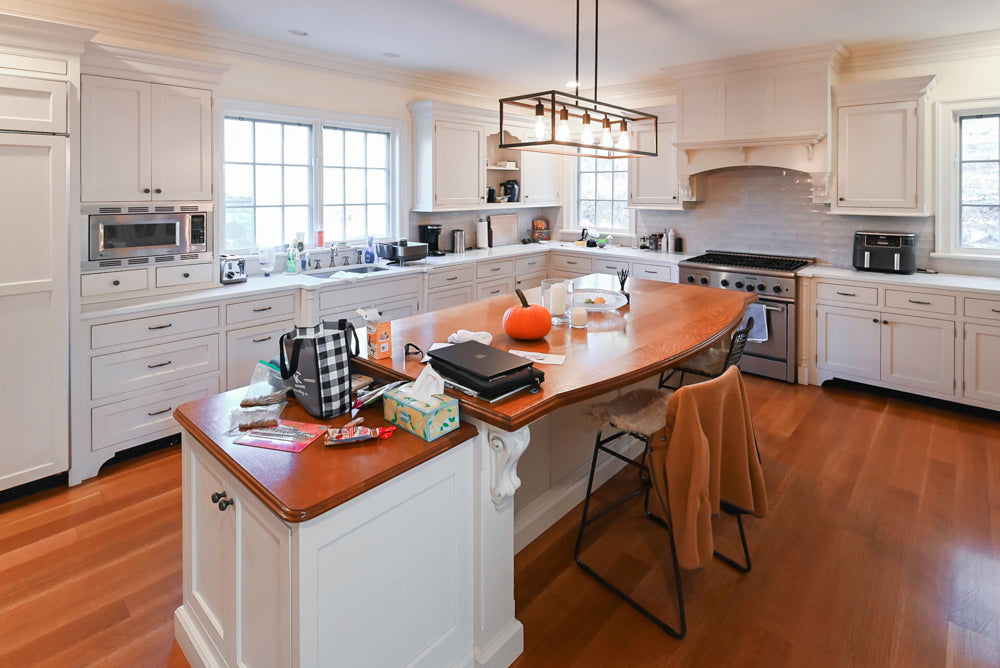 Traditional Large White Kitchen with Island, Desk Area & Appliances