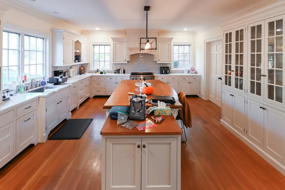Traditional Large White Kitchen with Island, Desk Area & Appliances