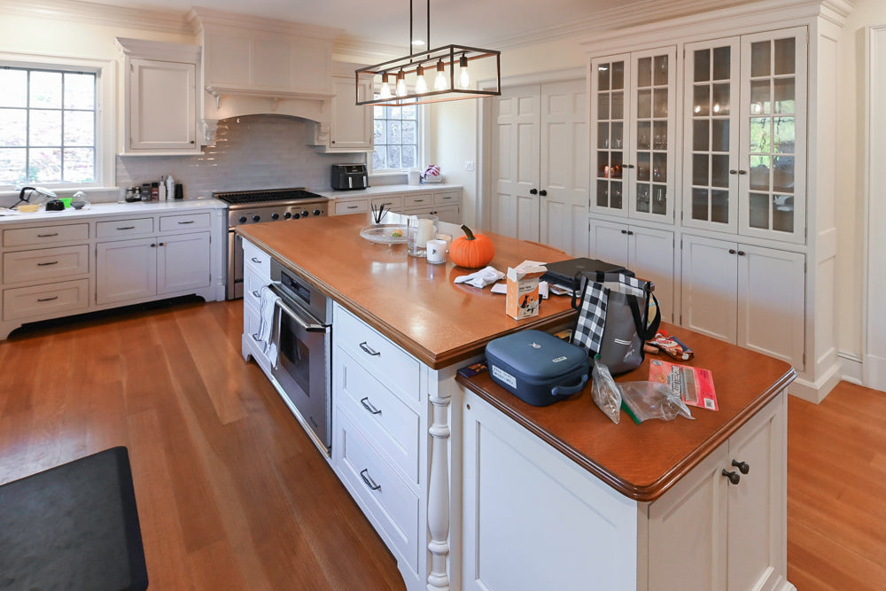 Traditional Large White Kitchen with Island, Desk Area & Appliances