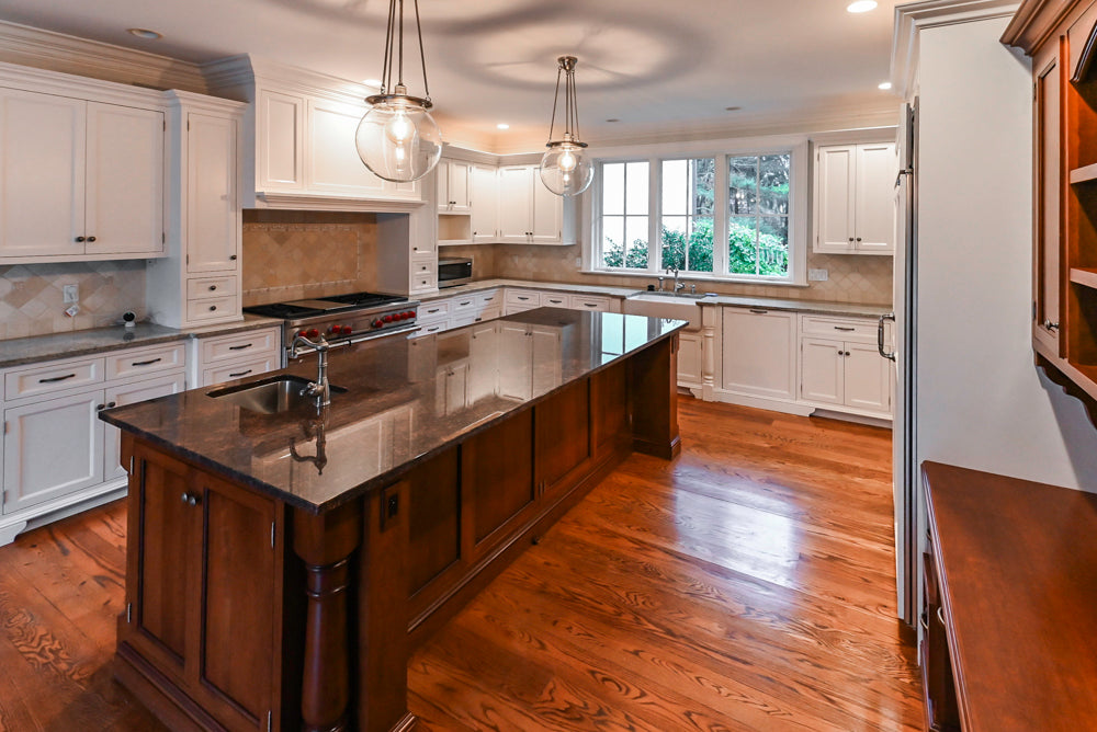 Traditional White Kitchen with Chestnut Brown Island, Desk Area and Appliances
