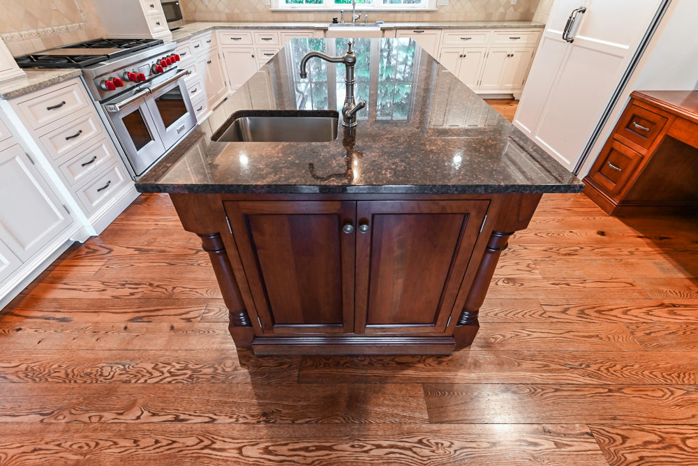 Traditional White Kitchen with Chestnut Brown Island, Desk Area and Appliances