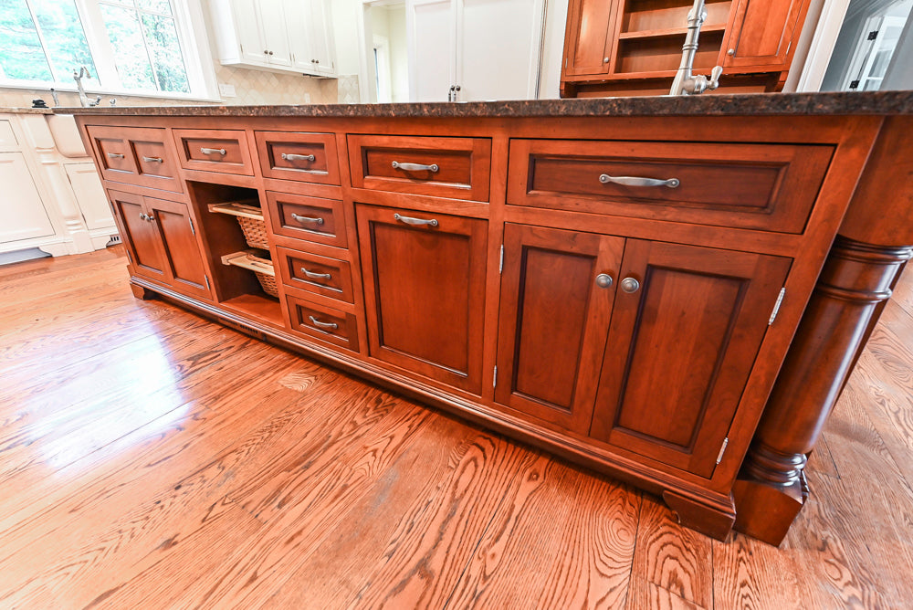 Traditional White Kitchen with Chestnut Brown Island, Desk Area and Appliances