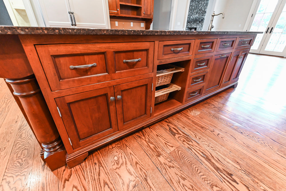 Traditional White Kitchen with Chestnut Brown Island, Desk Area and Appliances