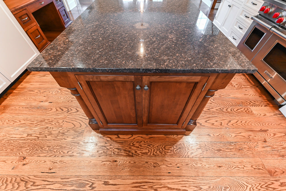 Traditional White Kitchen with Chestnut Brown Island, Desk Area and Appliances
