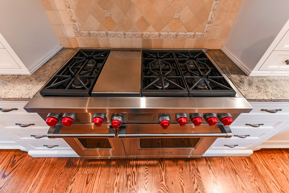 Traditional White Kitchen with Chestnut Brown Island, Desk Area & Appliances