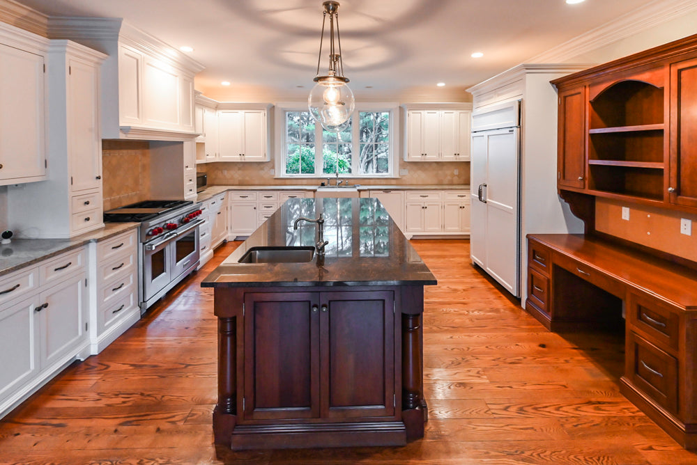 Traditional White Kitchen with Chestnut Brown Island, Desk Area and Appliances