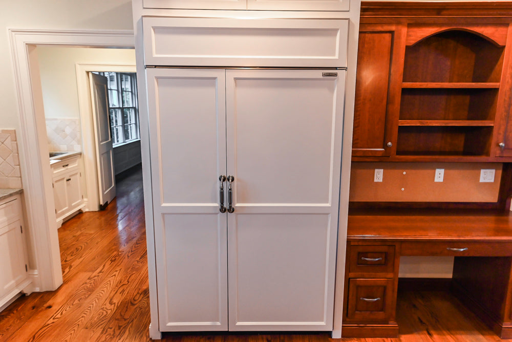 Traditional White Kitchen with Chestnut Brown Island, Desk Area & Appliances