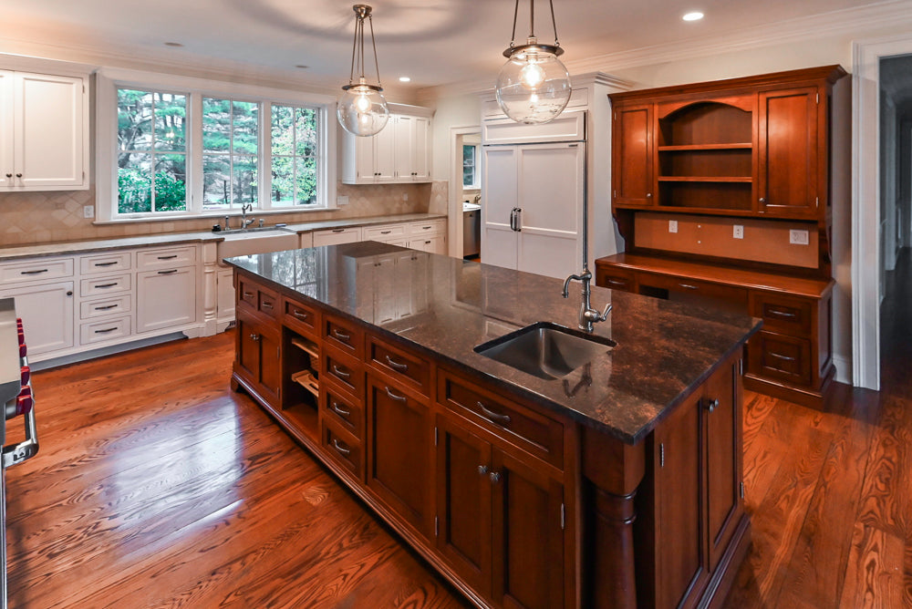 Traditional White Kitchen with Chestnut Brown Island, Desk Area and Appliances