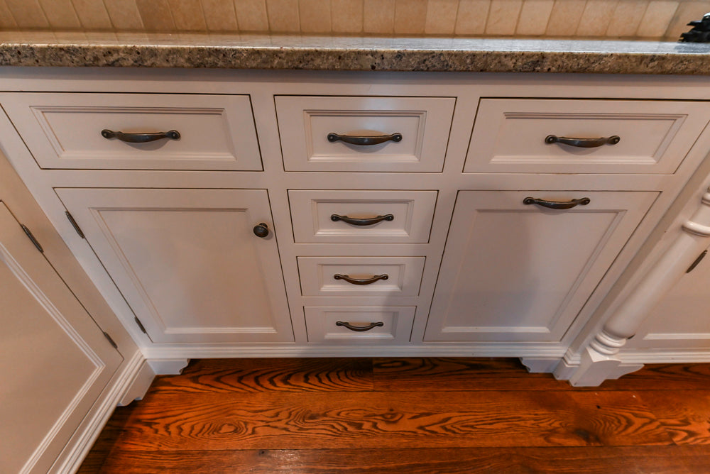 Traditional White Kitchen with Chestnut Brown Island, Desk Area & Appliances