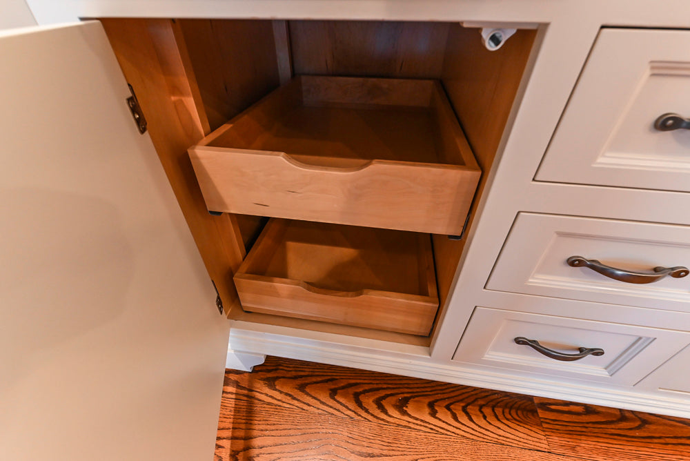 Traditional White Kitchen with Chestnut Brown Island, Desk Area & Appliances