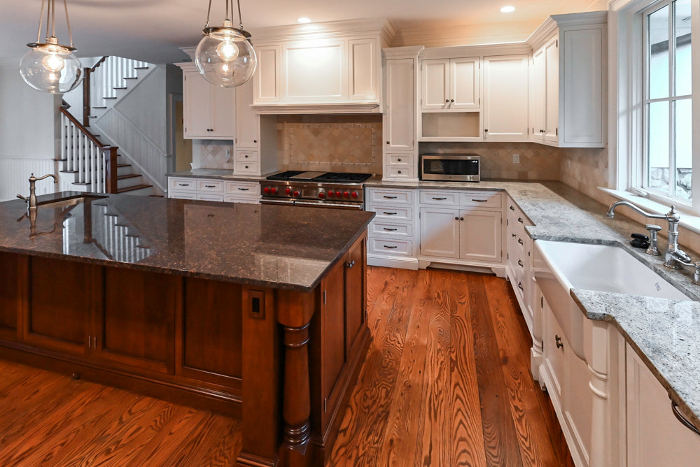 Traditional White Kitchen with Chestnut Brown Island, Desk Area and Appliances