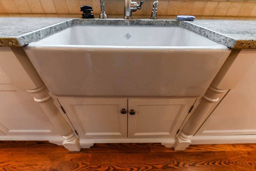 Traditional White Kitchen with Chestnut Brown Island, Desk Area & Appliances